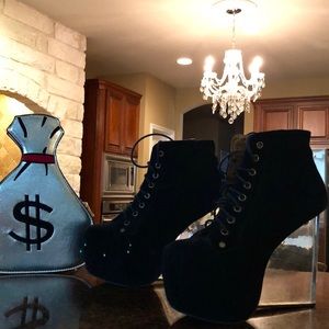 Black suede lace up boot with clear heel